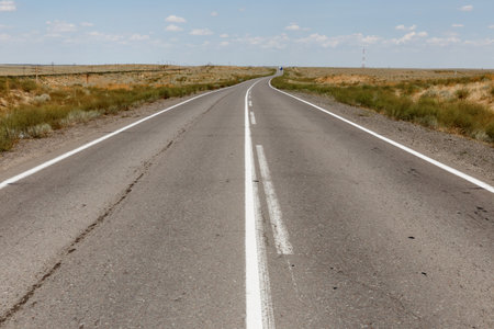 A long, straight highway cuts through the vast, open terrain of Kazakhstan, surrounded by dry grass...