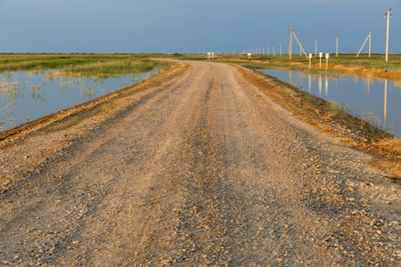 Gravel road through Kazakhstan vast landscape with flooded fields on both sides. Standing water covers land under cloudy sky. Utility poles visible.の写真素材