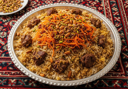 A delicious and authentic Kabuli Palaw, the national dish of Afghanistan. The platter features tender lamb with seasoned rice, carrots, and nuts.の素材