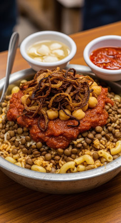 Koshary, a traditional Egyptian dish with rice, lentils, and pasta. Topped with chickpeas, tomato sauce, and crispy onions, it's a popular street food.の素材