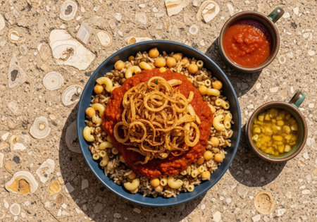 A delicious bowl of koshari, the national dish of Egypt. A mix of rice, pasta, lentils, and chickpeas, topped with tomato sauce and crispy onions.の素材