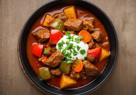 A bowl of delicious traditional hungarian beef goulash stew with potato, carrot, and pepper. The hearty meal is garnished with sour cream and parsley.の素材