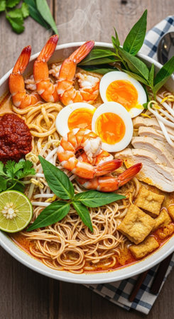 A steaming bowl of laksa, a traditional Malaysian noodle soup. This spicy dish is loaded with shrimp, chicken, a boiled egg, tofu, and fresh herbs.の素材