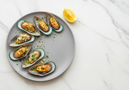 Green lip mussels with garlic and parsley, an elegant seafood appetizer. Served on a gray plate with a lemon wedge on a white marble background.の素材