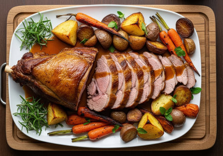A delicious roasted leg of lamb, sliced and served on a platter with potatoes, carrots, and rosemary. This hearty holiday meal is covered in gravy.の素材