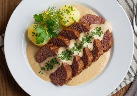 Polish beef in horseradish sauce, served with boiled potatoes and fresh dill. This traditional and elegant European dish is a savory and comforting meal.の素材