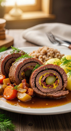 A delicious dinner of polished beef rolls, or zrazy, with potatoes and buckwheat. The traditional dish is sliced and served with a rich gravy.の素材