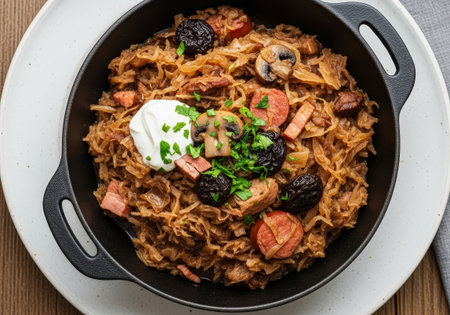 A hearty bowl of bigos, a traditional Polish hunter's stew. Made with cabbage, meat, sausage, and mushrooms, it's a perfect winter comfort food.の素材