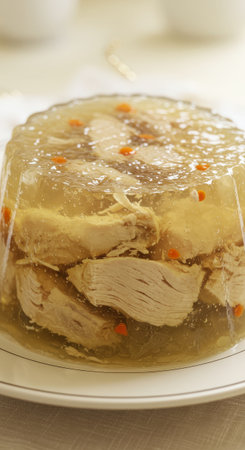 A vertical closeup of traditional polish chicken aspic, or galaretka z kurczaka. This homemade dish is made with chicken and a clear jellied broth.の素材