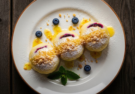 A top-down view of Polish Knedle, a sweet potato dumpling dessert. These delicious fruit-filled dumplings are served with blueberries and powdered sugar.の素材