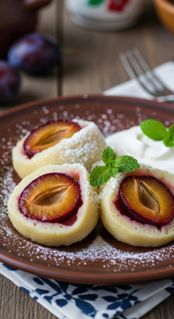A plate of delicious Polish knedle. These traditional fruit dumplings are made with potato dough, filled with fresh plums, and served with cream.の素材