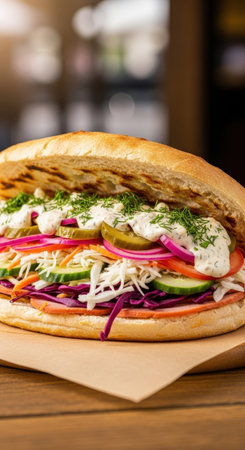 A delicious knysza, a traditional Polish street food sandwich. It's filled with meat and fresh vegetables and topped with a creamy garlic sauce.の素材