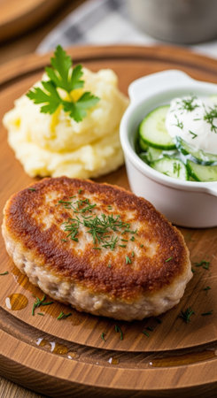 A delicious kotlet mielony, a traditional Polish minced pork cutlet. This comforting meal is served with mashed potatoes and a fresh cucumber salad.の素材