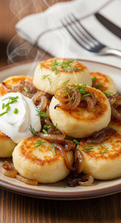 A delicious plate of steaming polish potato dumplings with fried onion. The traditional meal is served hot with fresh dill and sour cream.の素材
