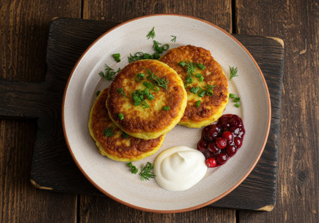 A top-down view of traditional potato patties, or draniki. This hearty dish is served with sour cream, lingonberry sauce, and fresh green onions.の素材