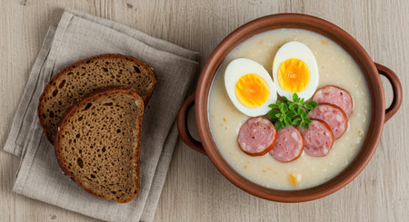 A delicious bowl of traditional polish zurek, a sour rye soup. The meal is served with sausage, egg, and bread, a classic easter dish in Poland.の素材
