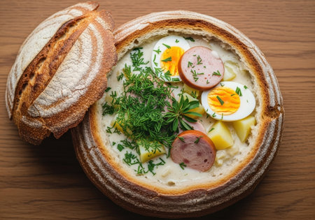 A top-down view of Zurek, a traditional Polish sour rye soup. This hearty meal is served in a rustic bread bowl with sausage, egg, potato, and fresh dill.の素材