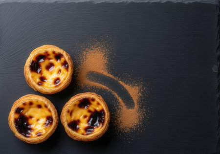 A top-down view of three delicious Pastel de Nata, a classic Portuguese egg custard tart with a flaky crust, served with cinnamon on a slate board.の素材