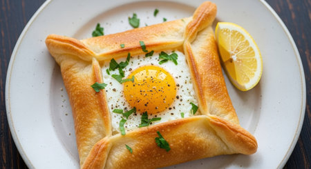 A classic Tunisian appetizer, Brik a loeuf. This crispy, deep-fried pastry has a runny egg yolk inside and is garnished with fresh parsley.の素材