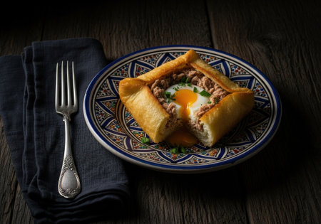 A delicious traditional Tunisian brik pastry with a runny egg yolk and tuna filling. This classic appetizer is served on a rustic patterned plate.の素材