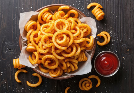 Delicious golden crispy curly fries are served in a ceramic bowl lined with paper. A side of red ketchup is ready for dipping, on a dark wooden table.の素材