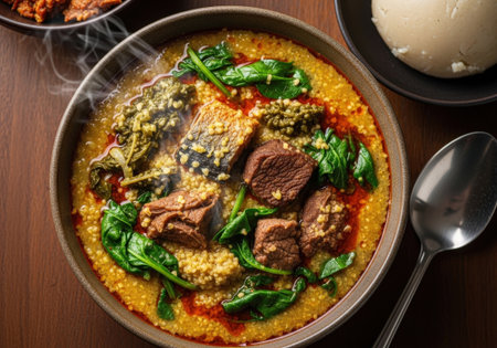 A hearty bowl of Egusi soup with meat, fish, and greens. This traditional African meal is served steaming hot with fufu, offering comforting flavors for dinner.の素材