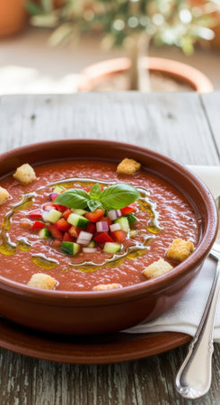 A delicious bowl of traditional Spanish gazpacho soup. The cold dish is topped with fresh vegetables, olive oil, basil, and crunchy croutons.の素材