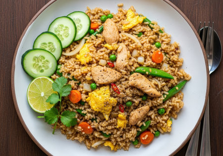 Top-down view of a delicious plate of Khao Phad Gai, a classic Thai chicken fried rice. This authentic dish includes eggs, peas, carrots, and cucumber.の素材