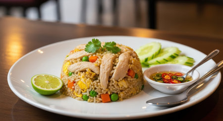 A classic plate of Thai chicken fried rice, or Khao Pad. Served with fresh cucumber slices and Prik Nam Pla, a spicy chili dipping sauce.の素材