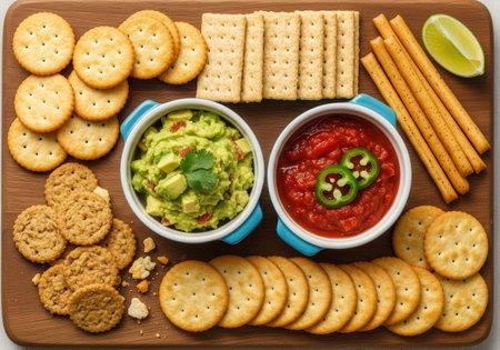 An overhead view of a delicious appetizer platter with guacamole and salsa dips. An assortment of crackers and breadsticks is served on a wooden board.の素材