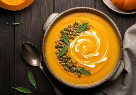 A delicious and creamy pumpkin soup in a rustic bowl. The cozy autumn meal is garnished with sage, pumpkin seeds, and a swirl of fresh cream.の素材