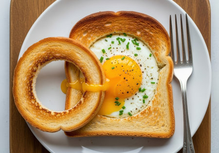 An egg in a basket, a classic breakfast dish with a runny yolk and fresh chives. This simple and delicious meal is served on a white plate from a top-down view.の素材