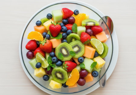 A fresh fruit salad with strawberries, blueberries, and kiwi. This healthy and vibrant breakfast bowl is a delicious way to start the day with vitamins.の素材