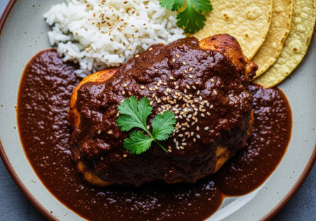 A delicious plate of traditional Mexican chicken mole. The chicken is covered in a rich dark sauce and served with white rice and corn tortillas.の素材