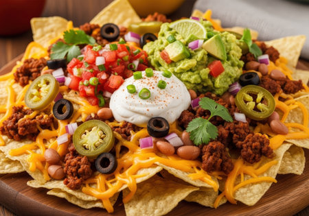 A delicious plate of loaded nachos with ground beef, melted cheese, guacamole, and sour cream. The popular appetizer is served on a wooden board.の素材