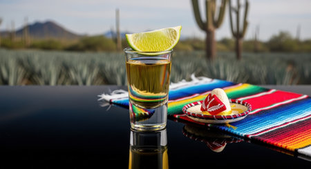 A tequila shot with a lime wedge in a desert landscape with agave plants. A traditional serape and a small sombrero complete this vibrant Mexican scene.の素材