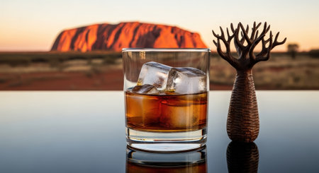 A glass of Australian bundaberg rum on the rocks. The famous landmark Uluru is in the background, lit by a beautiful golden sunset light.の素材