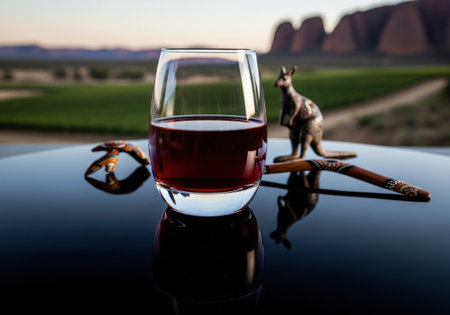 Enjoying a glass of red wine on a reflective table with Australian souvenirs. The iconic Uluru landscape is visible in the background during a warm sunset.の素材