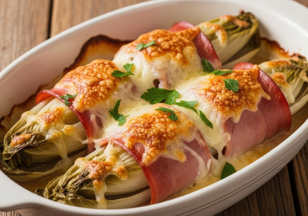 A classic Belgian comfort food, Chicons au Gratin. Endives are wrapped in ham, covered in a creamy cheese sauce, and baked until golden brown.の素材