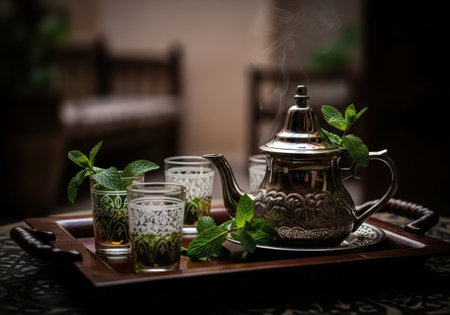 A traditional Moroccan mint tea ceremony with a silver teapot and ornate glasses. The hot beverage is served on a tray in a cozy riad setting.の素材