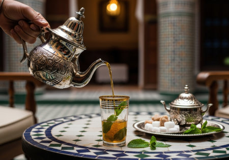 A hand pours traditional Moroccan mint tea from an ornate silver teapot. The tea ceremony takes place on a mosaic table in a beautiful riad courtyard.の素材