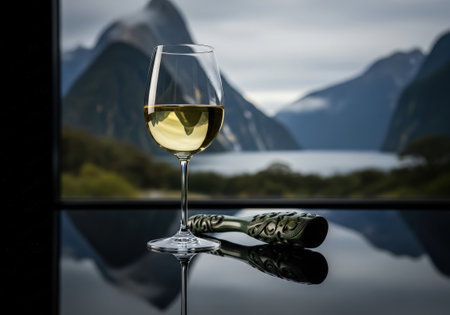 Elegant white wine glass and Maori wahaika rest on a reflective table. Dramatic fjord mountains outside a large window create stunning reflections.の素材
