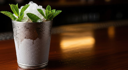 A classic Mint Julep, a traditional bourbon cocktail. It is served in a frosted silver cup with crushed ice and garnished with fresh mint on a bar.の素材