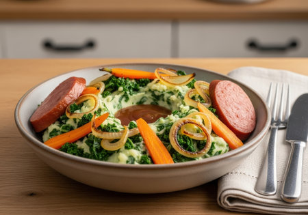 A bowl of stamppot, a traditional Dutch dish. Mashed potatoes are mixed with kale, carrots, and onions, and served with smoked sausage and gravy.の素材