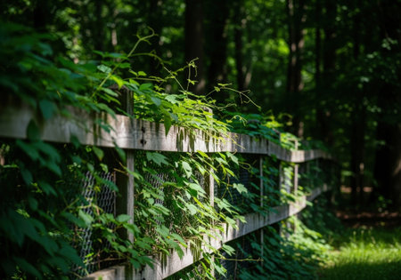 A rustic wooden fence with a wire mesh is overgrown with lush green climbing vines. This peaceful and serene scene is in a summer forest with sunlight.の素材