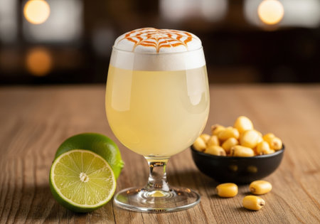 A classic Pisco Sour, the national drink of Peru. This refreshing cocktail with lime juice and a frothy egg white top is served with cancha corn nuts.の素材
