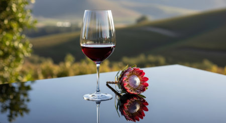 Elegant red wine glass and protea flower sit on a reflective table. Scene overlooks beautiful vineyards in warm sunlight, perfect for tasting.の素材