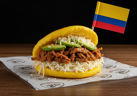 A classic South American street food dish. A cornmeal arepa is stuffed with shredded meat, white cheese, and avocado, served on paper. Black background.の素材