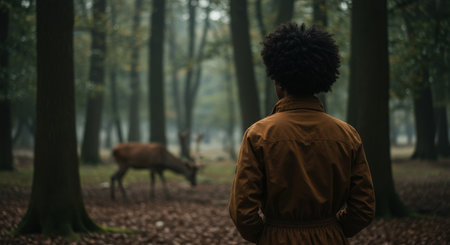 From behind, an African woman with an afro hairstyle quietly observes a wild deer in a moody, atmospheric autumn forest. A moment of solitude.の素材