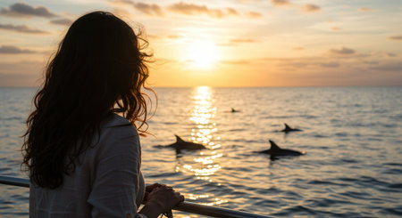 A woman from a boat observes several dolphins swimming and jumping in the ocean at a beautiful golden sunset.の素材